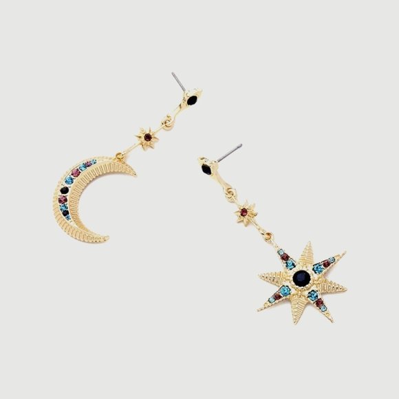 Multi Colors Gold Moon and Star Earrings - Picture 4 of 4